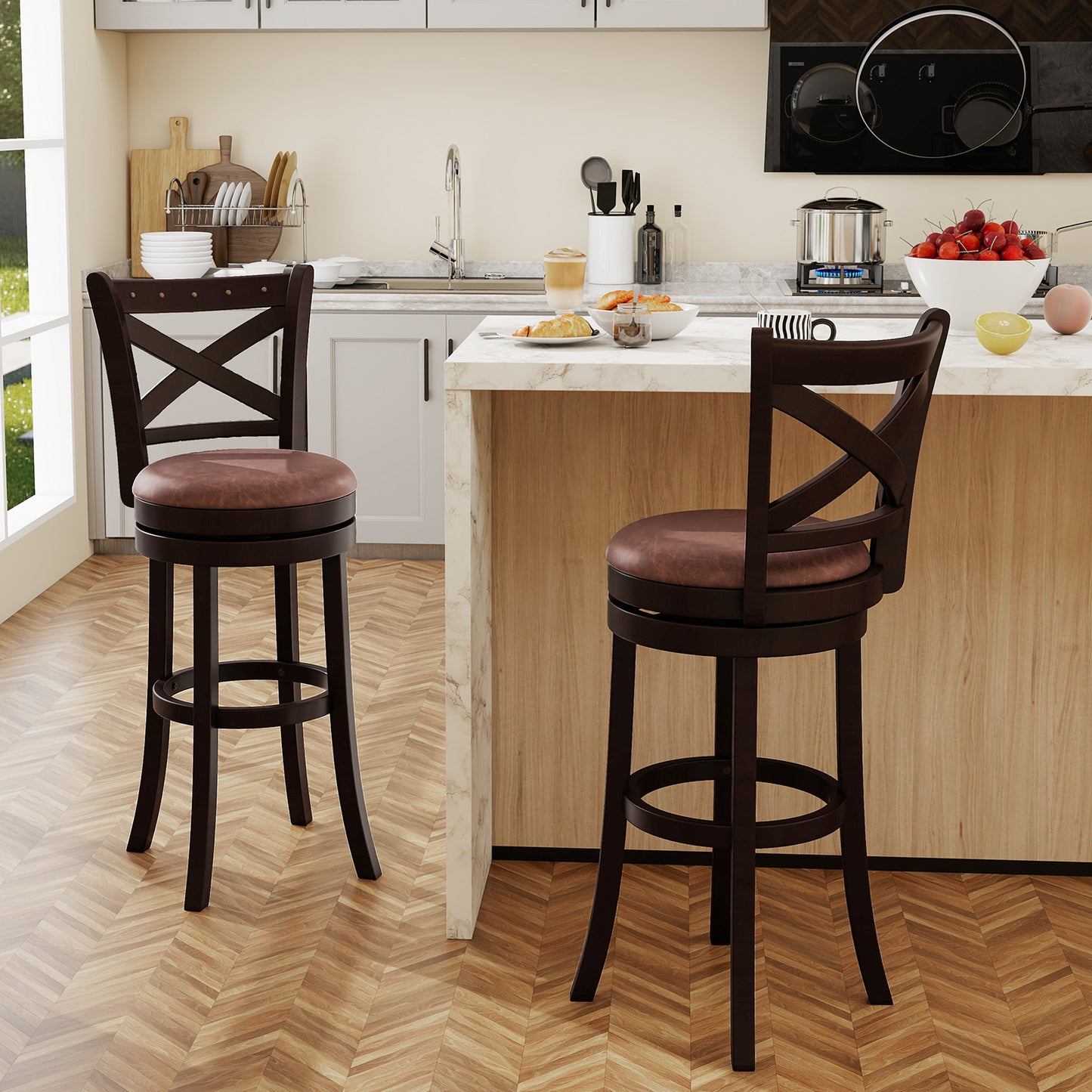 Modern Bar Stools Set of 2 with Padded Seats and 360° Swivel Counter Height Chairs - 30 Inch