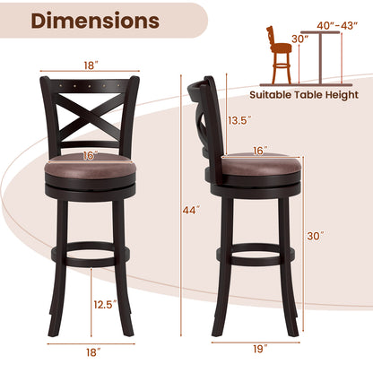 Modern Bar Stools Set of 2 with Padded Seats and 360° Swivel Counter Height Chairs - 30 Inch