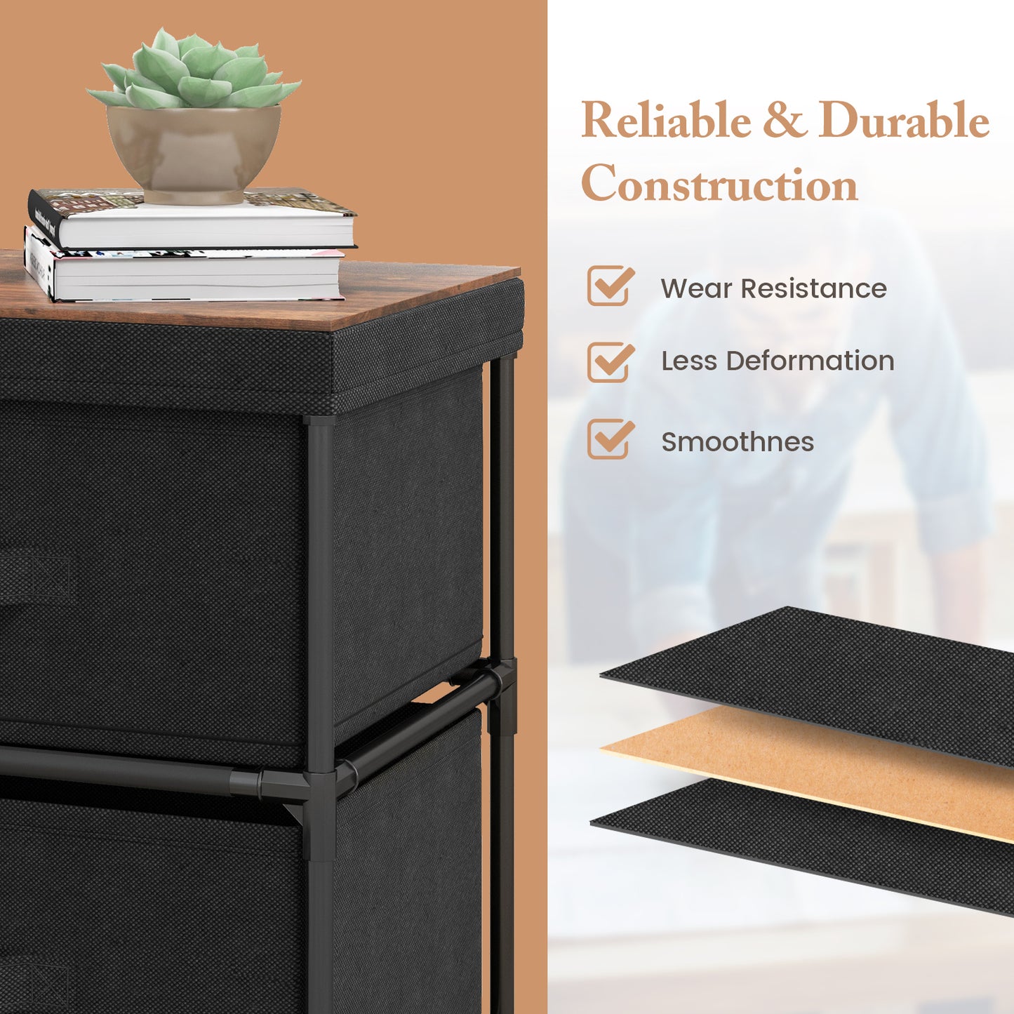 Set of 2 Nightstands with Removable Fabric Drawers and Pull Handles, Compact Storage Tables