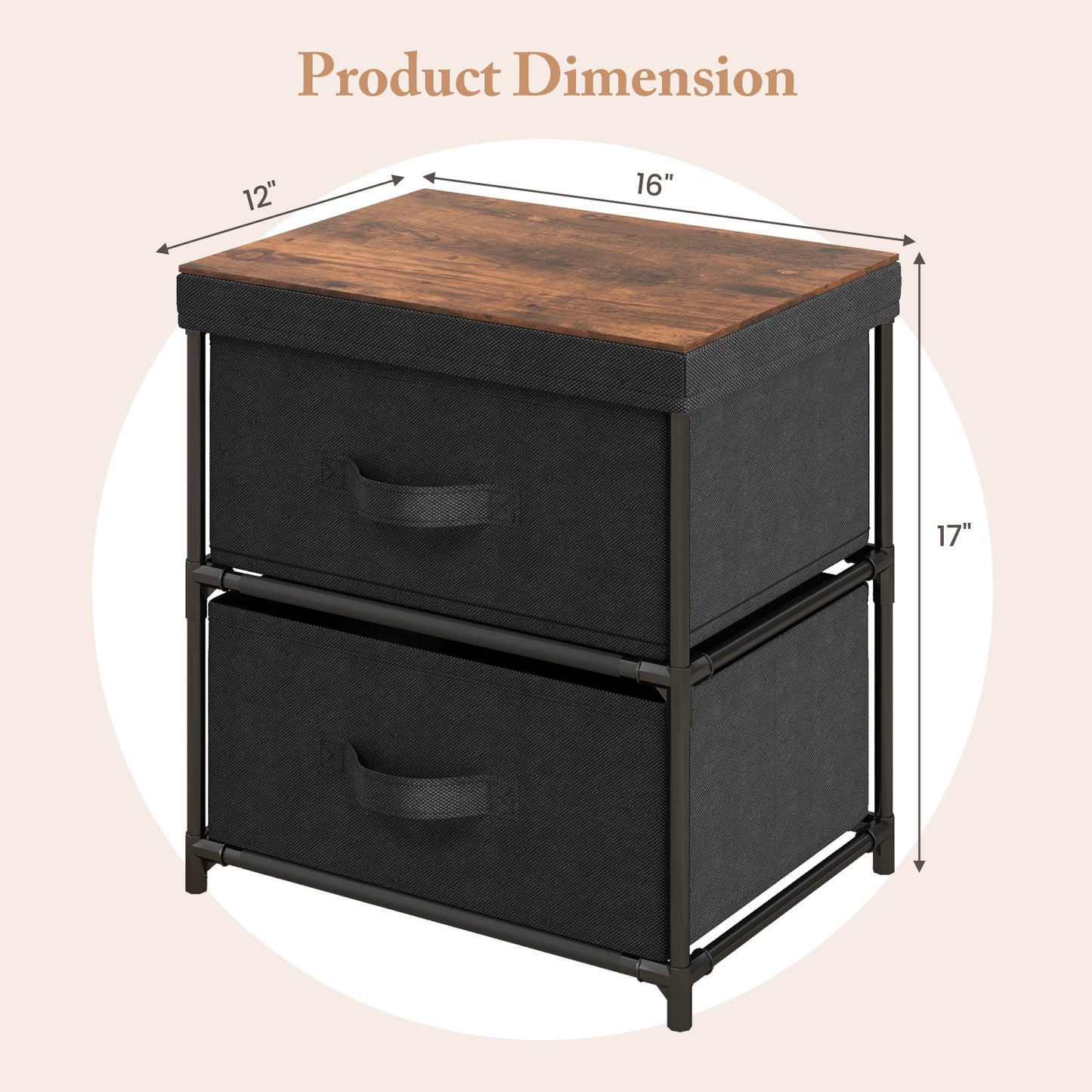 Set of 2 Nightstands with Removable Fabric Drawers and Pull Handles, Compact Storage Tables