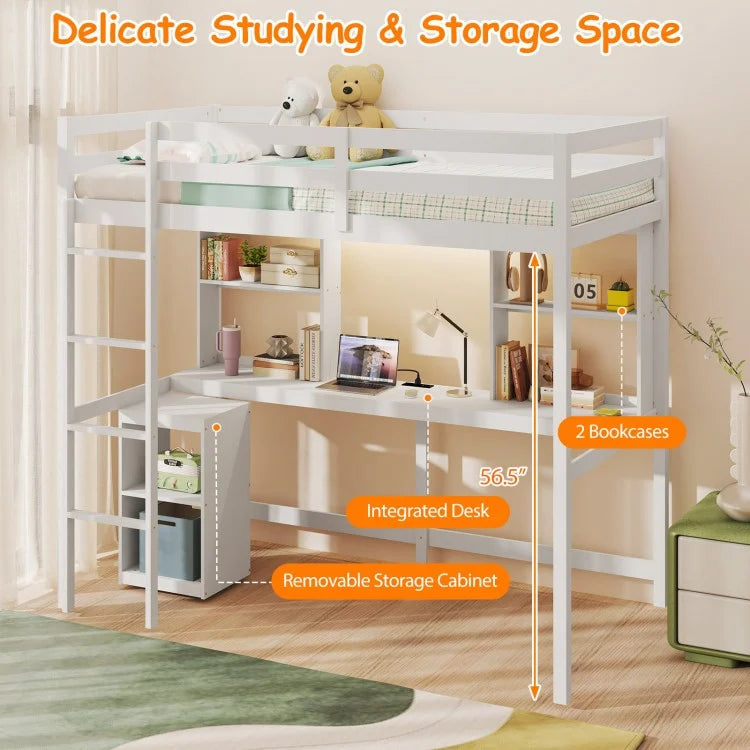 Space-Saving Twin Loft Bed with LED Light, Built-In Desk, and Charging Station – No Box Spring Required