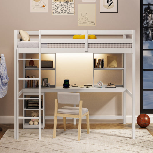 Space-Saving Twin Loft Bed with LED Light, Built-In Desk, and Charging Station – No Box Spring Required