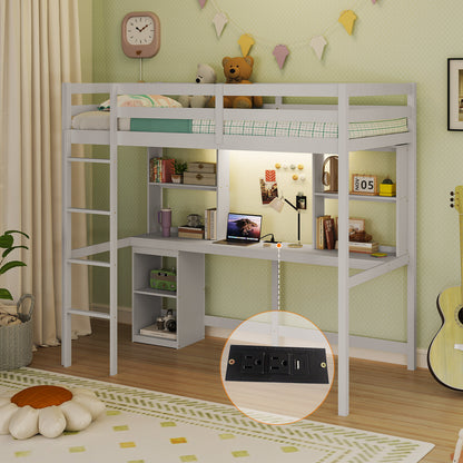 Space-Saving Twin Loft Bed with LED Light, Built-In Desk, and Charging Station – No Box Spring Required