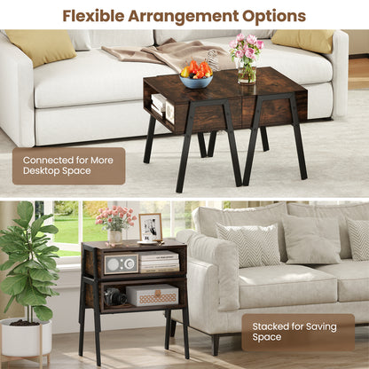 Set of 2 Stackable Wooden Nightstands with Open Storage and Steel Frame