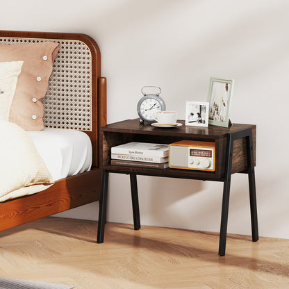 Set of 2 Stackable Wooden Nightstands with Open Storage and Steel Frame
