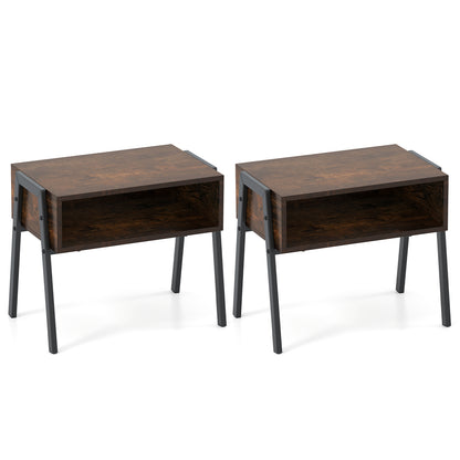 Set of 2 Stackable Wooden Nightstands with Open Storage and Steel Frame