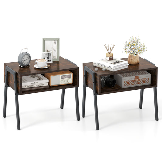 Set of 2 Stackable Wooden Nightstands with Open Storage and Steel Frame