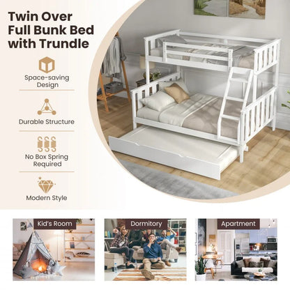 Modern Twin Over Full Bunk Bed with Trundle, Reversible Ladder, White Wood Finish