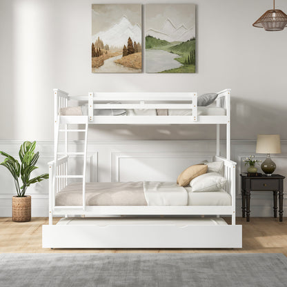 Modern Twin Over Full Bunk Bed with Trundle, Reversible Ladder, White Wood Finish