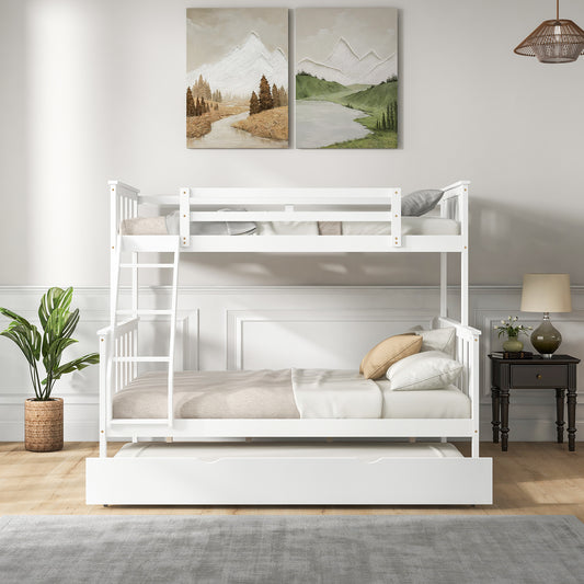 Modern Twin Over Full Bunk Bed with Trundle, Reversible Ladder, White Wood Finish
