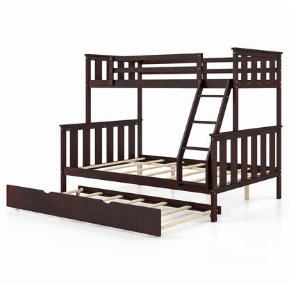 Modern Twin Over Full Bunk Bed with Trundle, Reversible Ladder, Espresso Wood Finish