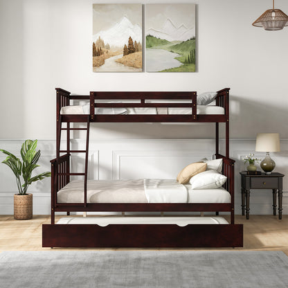 Modern Twin Over Full Bunk Bed with Trundle, Reversible Ladder, Espresso Wood Finish