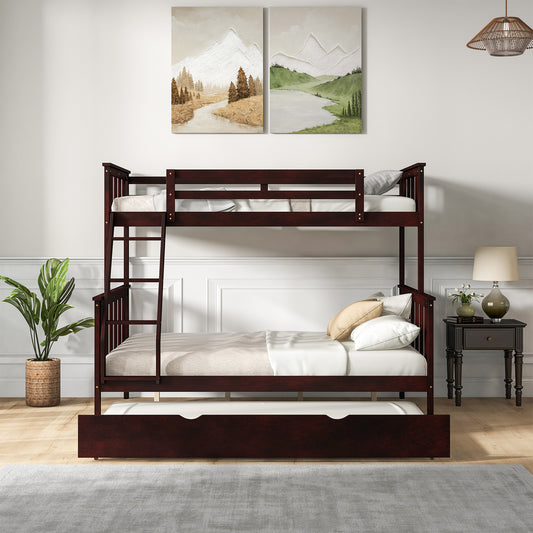 Modern Twin Over Full Bunk Bed with Trundle, Reversible Ladder, Espresso Wood Finish