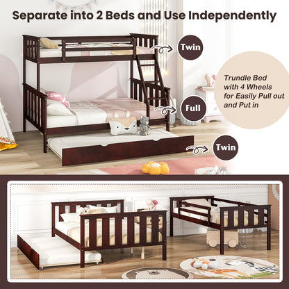 Modern Twin Over Full Bunk Bed with Trundle, Reversible Ladder, Espresso Wood Finish