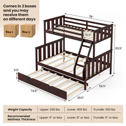 Modern Twin Over Full Bunk Bed with Trundle, Reversible Ladder, Espresso Wood Finish