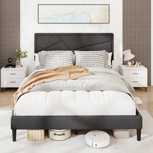 Faux Linen Upholstered Platform Bed with Button-Tufted Headboard and Solid Wood Slats – Queen Size