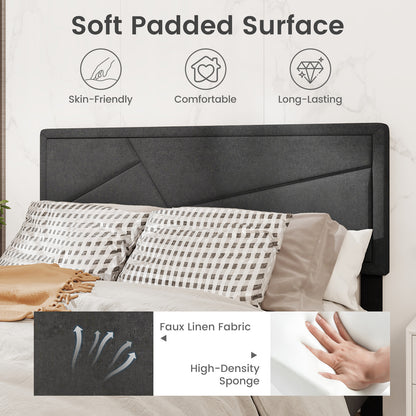 Faux Linen Upholstered Platform Bed with Button-Tufted Headboard and Solid Wood Slats – Queen Size