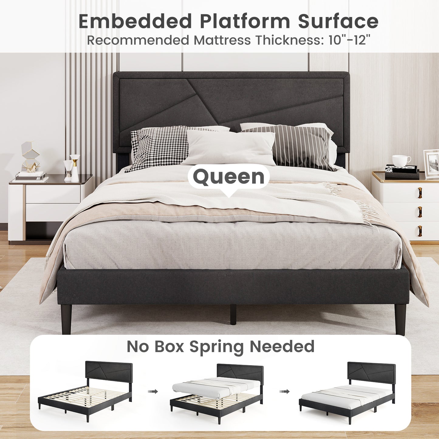 Faux Linen Upholstered Platform Bed with Button-Tufted Headboard and Solid Wood Slats – Queen Size