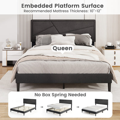 Faux Linen Upholstered Platform Bed with Button-Tufted Headboard and Solid Wood Slats – Queen Size