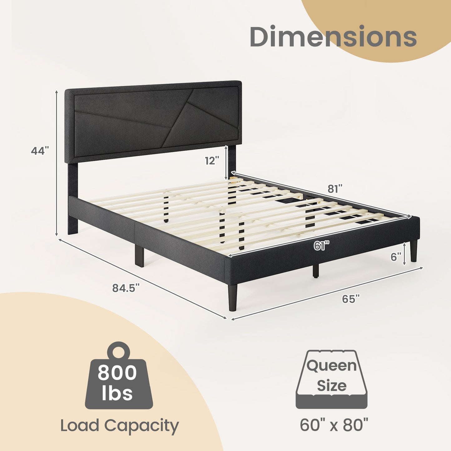 Faux Linen Upholstered Platform Bed with Button-Tufted Headboard and Solid Wood Slats – Queen Size