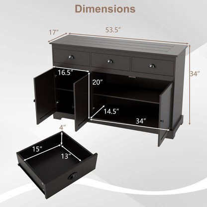Modern Sideboard Buffet Cabinet with 3 Drawers Adjustable Shelves and Storage Doors - Brown
