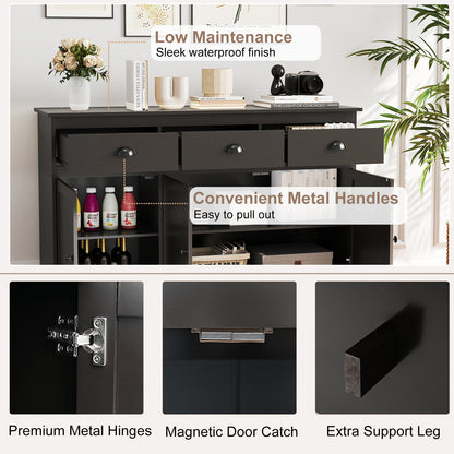 Modern Sideboard Buffet Cabinet with 3 Drawers Adjustable Shelves and Storage Doors - Brown