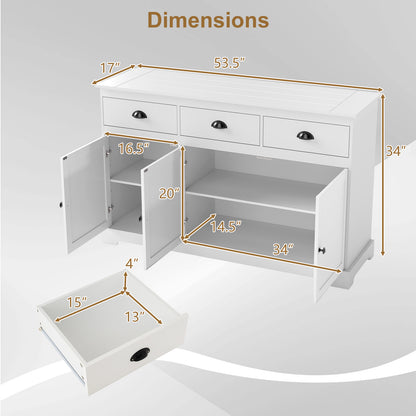 Modern Sideboard Buffet Cabinet with 3 Drawers Adjustable Shelves and Storage Doors - White