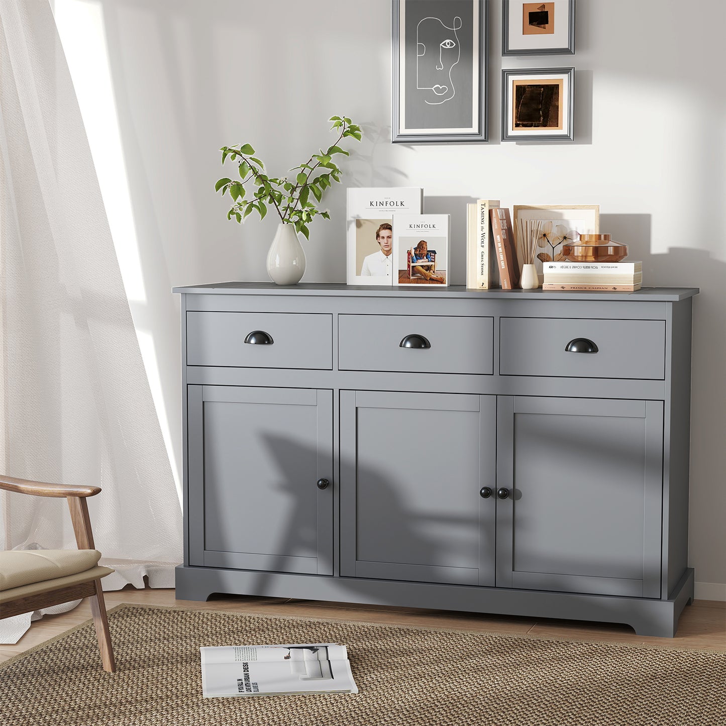 Modern Sideboard Buffet Cabinet with 3 Drawers Adjustable Shelves and Storage Doors - Grey