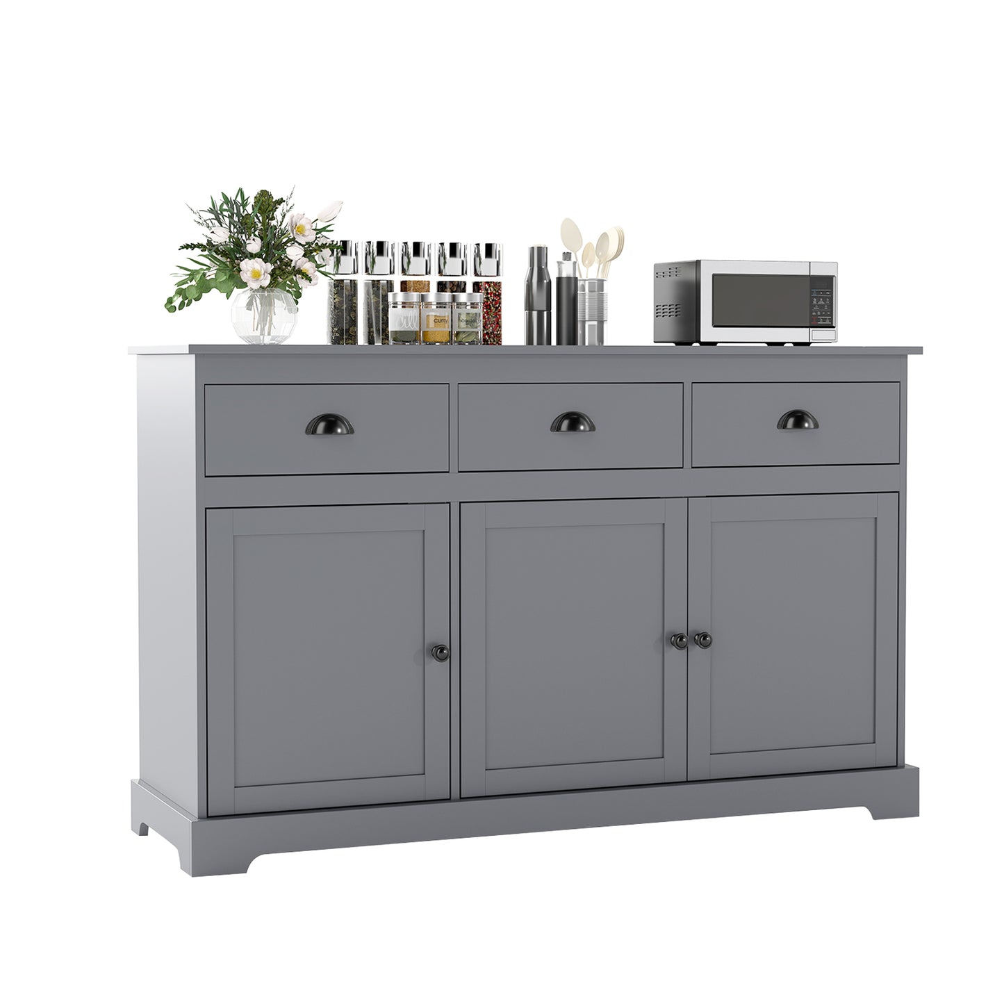 Modern Sideboard Buffet Cabinet with 3 Drawers Adjustable Shelves and Storage Doors - Grey