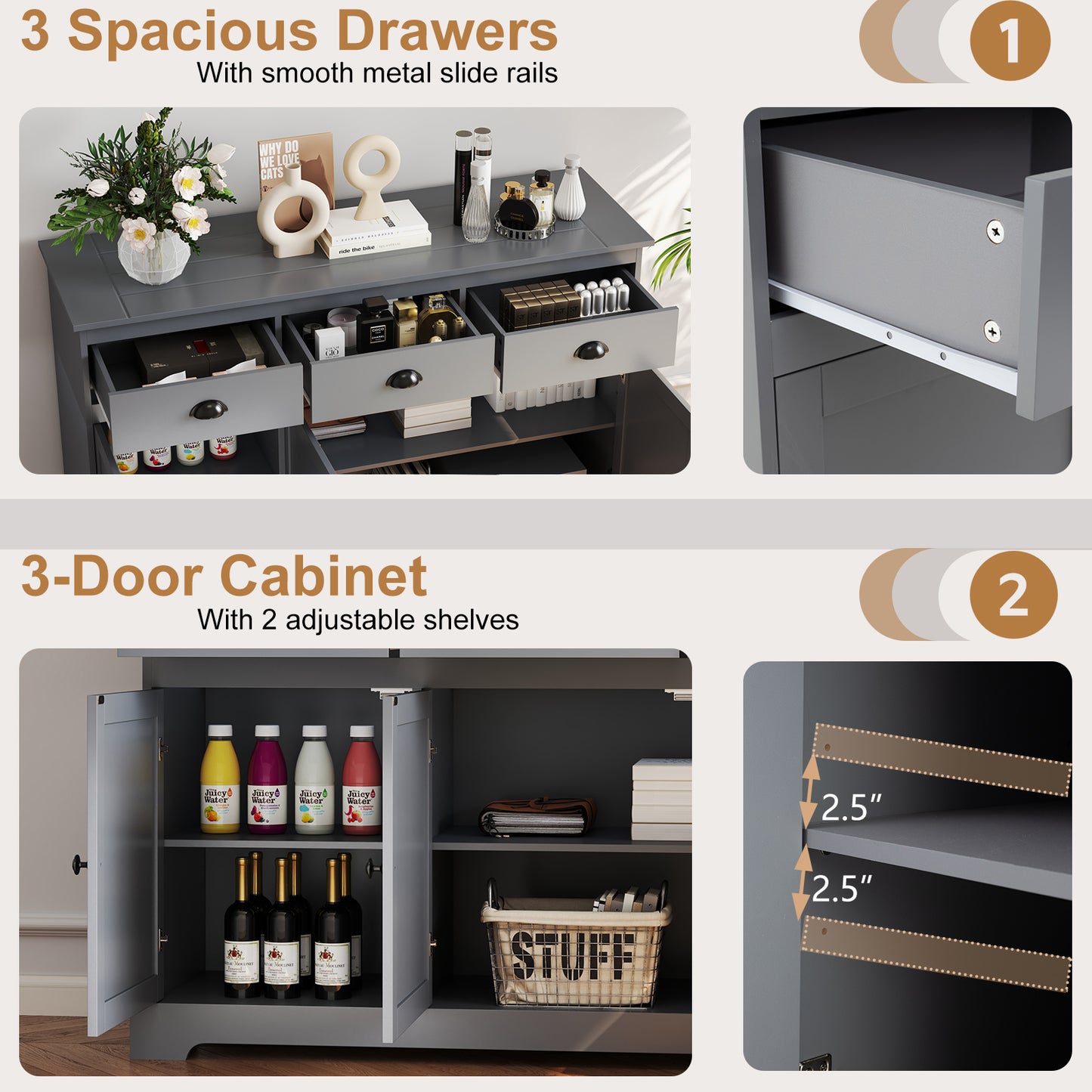 Modern Sideboard Buffet Cabinet with 3 Drawers Adjustable Shelves and Storage Doors - Grey