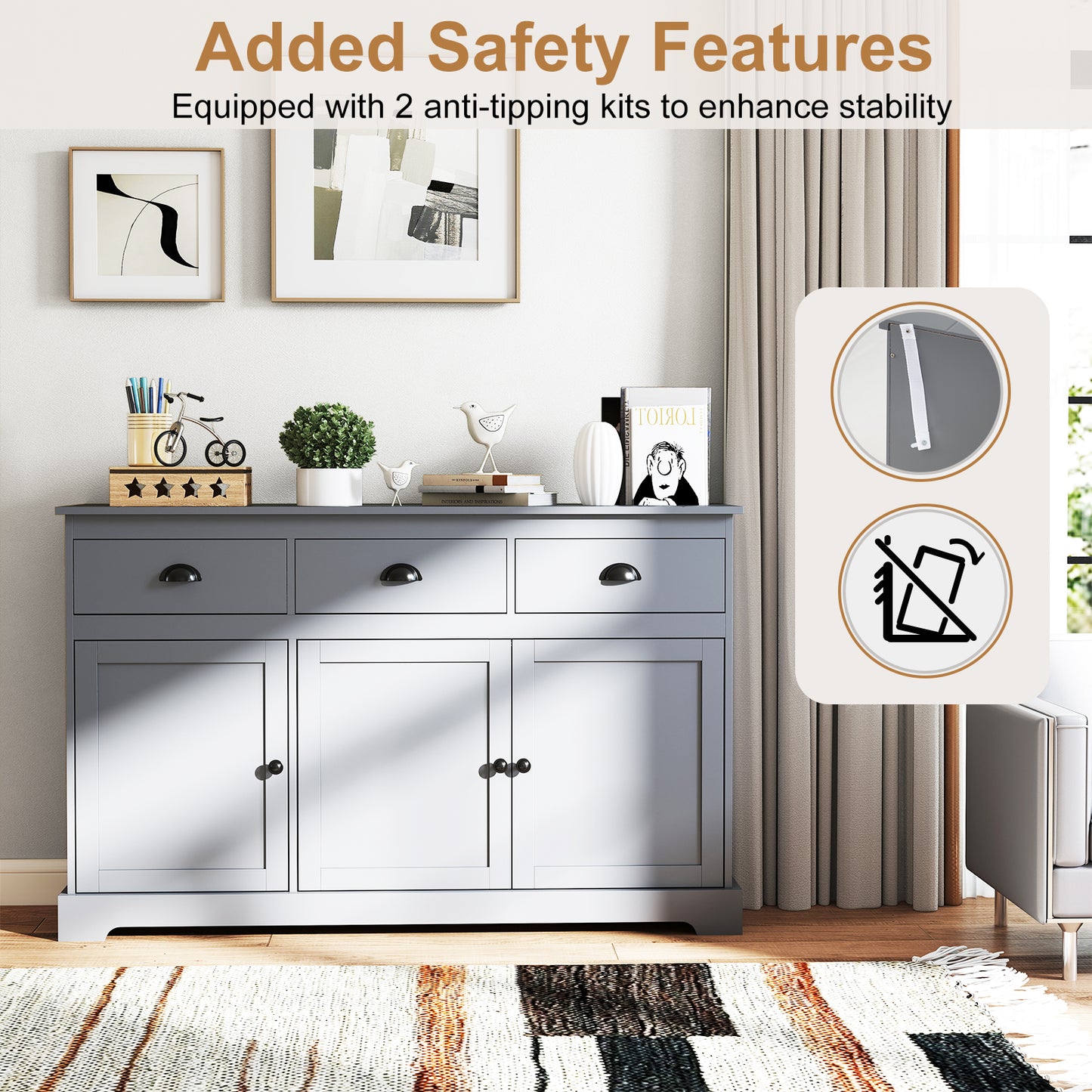 Modern Sideboard Buffet Cabinet with 3 Drawers Adjustable Shelves and Storage Doors - Grey