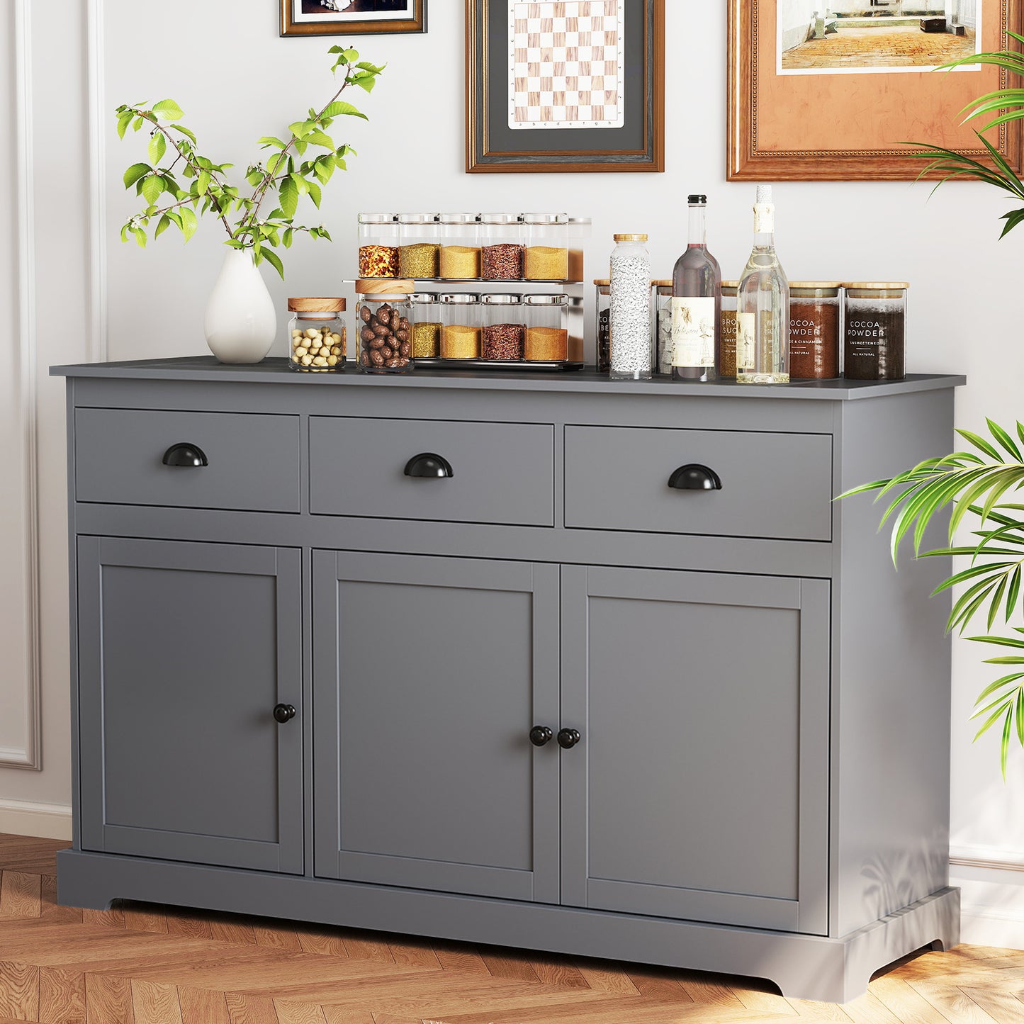Modern Sideboard Buffet Cabinet with 3 Drawers Adjustable Shelves and Storage Doors - Grey