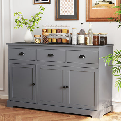 Modern Sideboard Buffet Cabinet with 3 Drawers Adjustable Shelves and Storage Doors - Grey