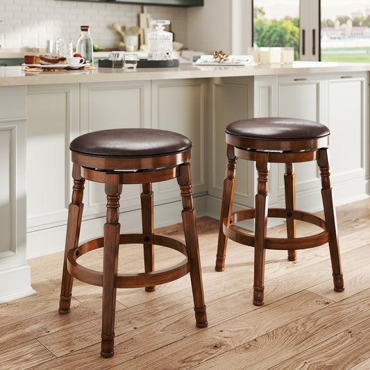 Set of 2 Leather Upholstered Swivel Bar Stools with 24 Inch Seat Height