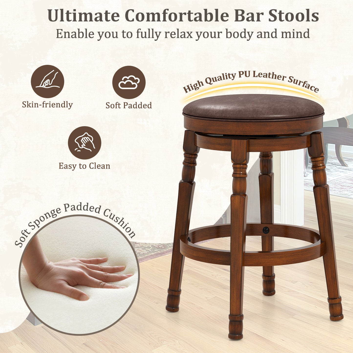 Set of 2 Leather Upholstered Swivel Bar Stools with 24 Inch Seat Height