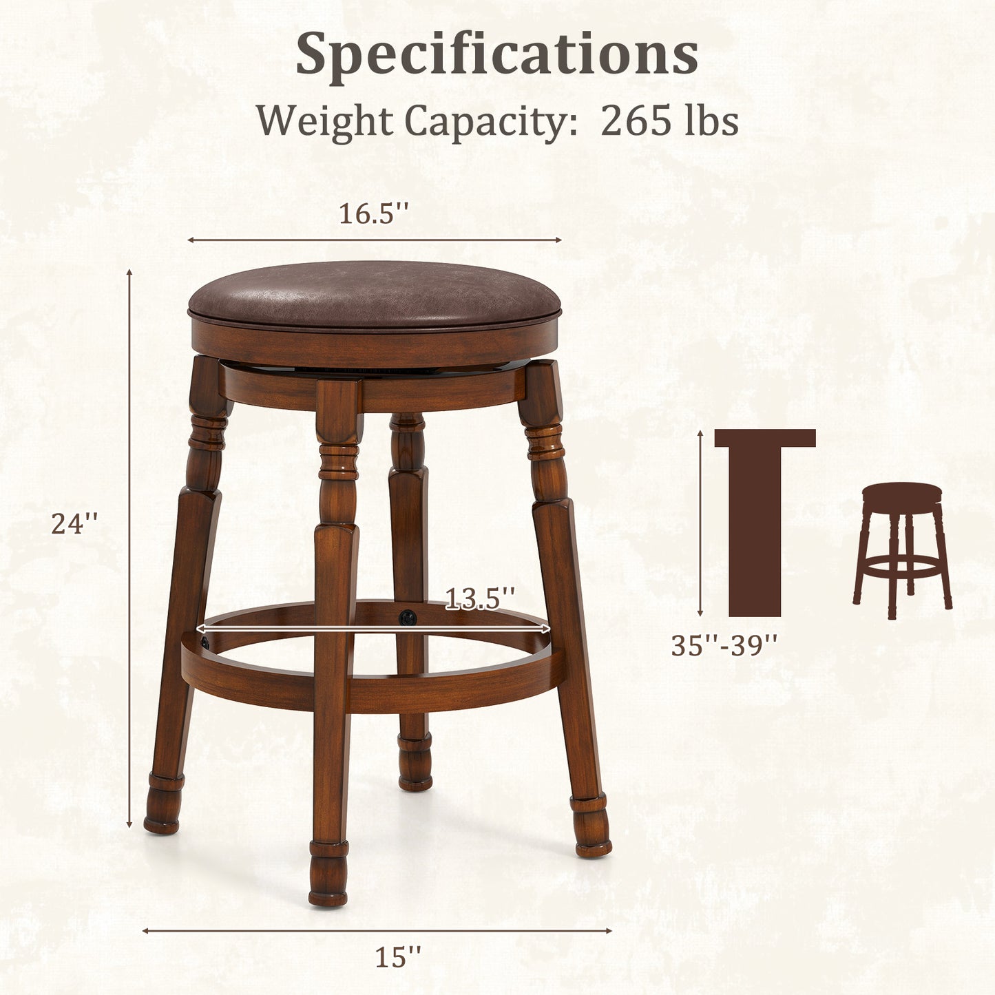 Set of 2 Leather Upholstered Swivel Bar Stools with 24 Inch Seat Height