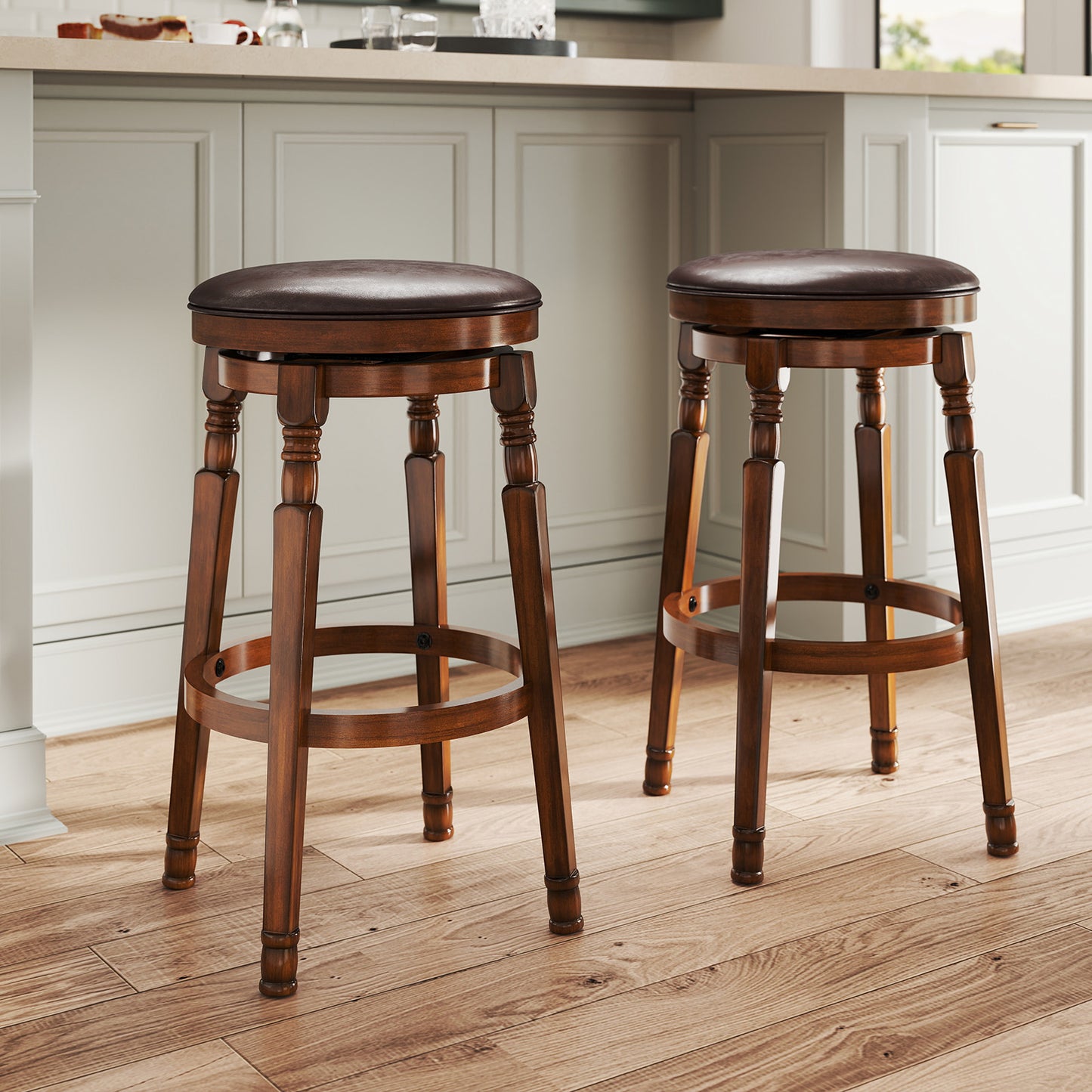 Set of 2 Leather Upholstered Swivel Bar Stools with 29 Inch Seat Height