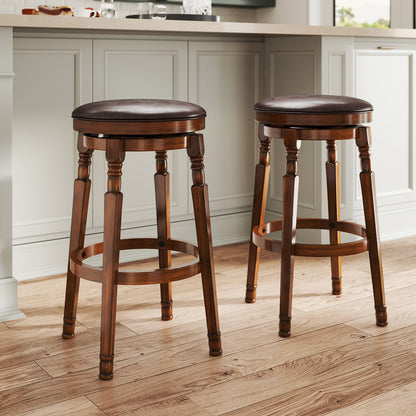 Set of 2 Leather Upholstered Swivel Bar Stools with 29 Inch Seat Height