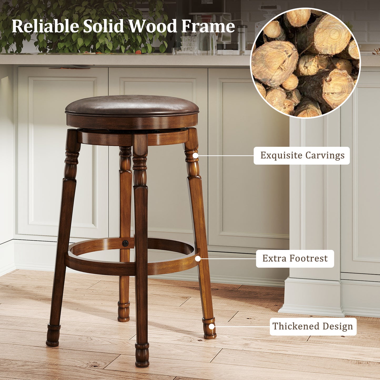 Set of 2 Leather Upholstered Swivel Bar Stools with 29 Inch Seat Height