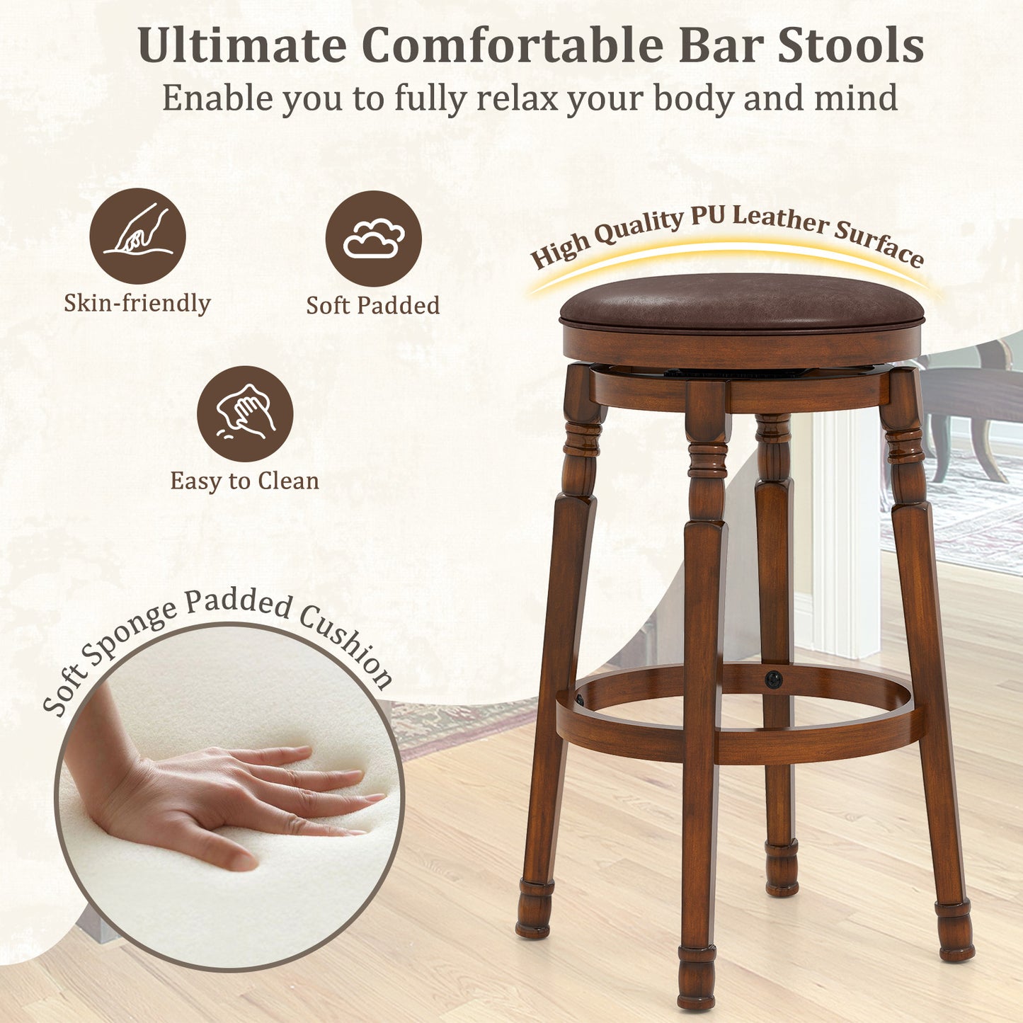 Set of 2 Leather Upholstered Swivel Bar Stools with 29 Inch Seat Height