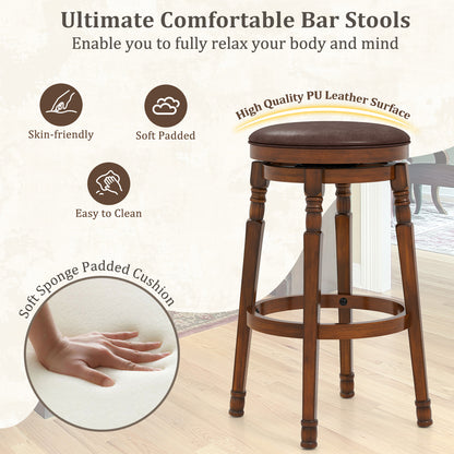 Set of 2 Leather Upholstered Swivel Bar Stools with 29 Inch Seat Height