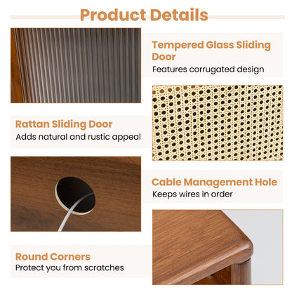 Modern TV Stand with Rattan and Corrugated Glass Sliding Doors for TVs up to 55 Inches - Brown