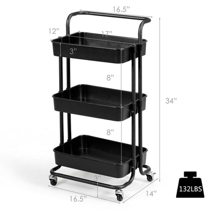 3 Tier Rolling Storage Cart with Drawers and Locking Wheels for Kitchen Bathroom Office - Black