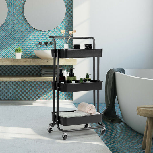 3 Tier Rolling Storage Cart with Drawers and Locking Wheels for Kitchen Bathroom Office - Black