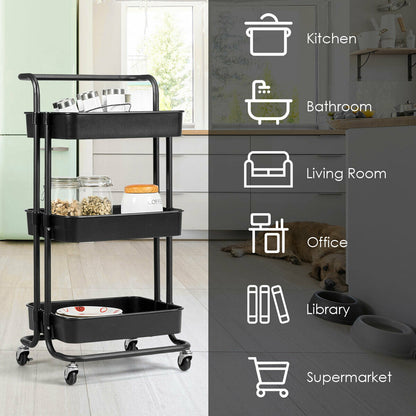3 Tier Rolling Storage Cart with Drawers and Locking Wheels for Kitchen Bathroom Office - Black