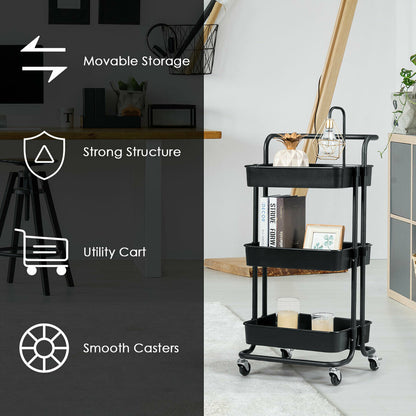 3 Tier Rolling Storage Cart with Drawers and Locking Wheels for Kitchen Bathroom Office - Black