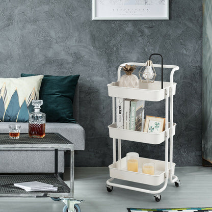 3 Tier Rolling Storage Cart with Drawers and Locking Wheels for Kitchen Bathroom Office - White
