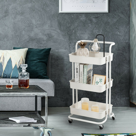 3 Tier Rolling Storage Cart with Drawers and Locking Wheels for Kitchen Bathroom Office - White