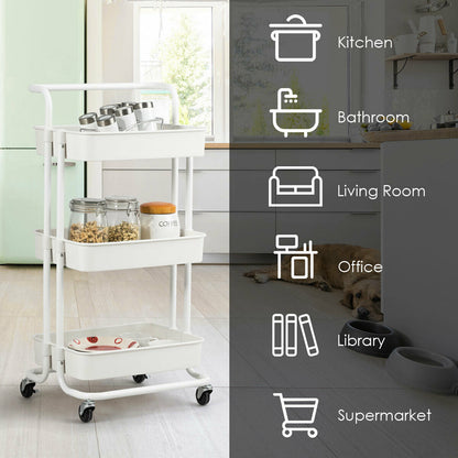 3 Tier Rolling Storage Cart with Drawers and Locking Wheels for Kitchen Bathroom Office - White