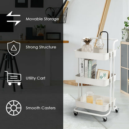 3 Tier Rolling Storage Cart with Drawers and Locking Wheels for Kitchen Bathroom Office - White
